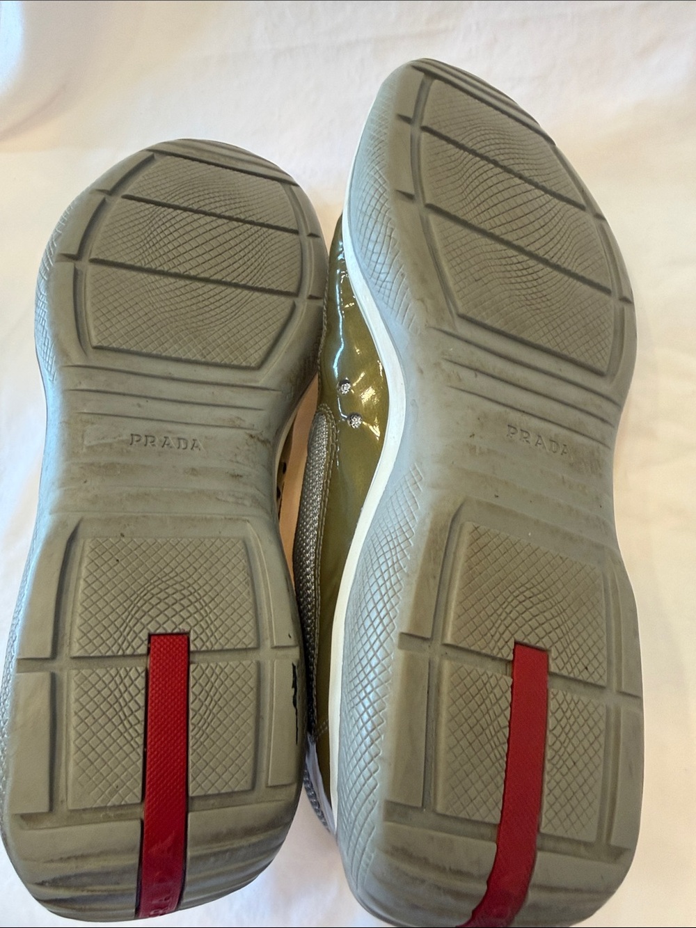 Prada Olive Patent & Light Gray Mesh America’s Cup Trainers with Red Logo - Picture 5 of 6